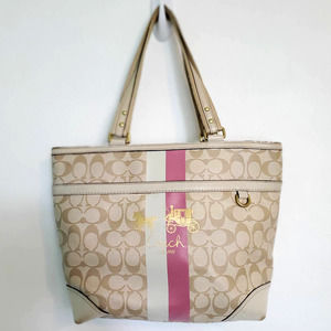 Coach Heritage Stripe Tote Signature C Canvas Tan w/ Pink White L0873-13196